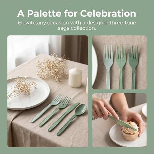 360Pcs Sage Green Plastic Silverware Set, Salad Size Disposable for Dessert