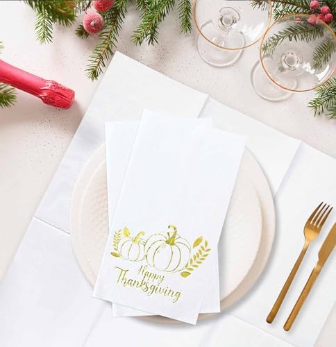 SietDESEO 50 Pieces 3-ply Thanksgiving Dinner Napkins 13 x 15.7 Inch White Guest Bathroom Napkins Disposable Hand Towels for Bathroom Kitchen Fall Party Decorations Gold Foil Pumpkin Napkin