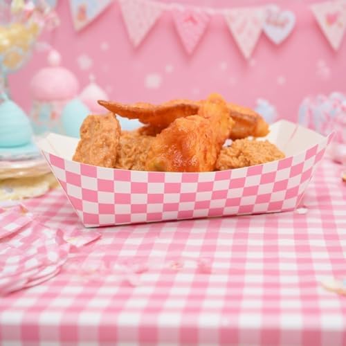 30 Pcs No Folding Required 2lb Gingham Party Supplies Disposable Paper Food Trays for Shower Wedding Tea Party Supplies Nacho Snack (Light Pink)