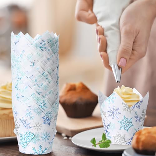 Maxdot 200 Pcs Winter Snowflake Tulip Cupcake Liners for Baking Blue Silver Snowflake Paper Muffin Baking Cups Christmas Tulip Muffin Liners Wrappers for Xmas Winter Birthday Party Supplies