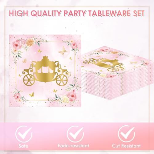 40Pcs Princess Birthday Party Decorations,Pink Princess Castle Birthday Themed Tableware Includes Paper Plates,Napkins Set for Kids Girls Baby Shower Fairy Tale1st Party Decorations,Serves 20