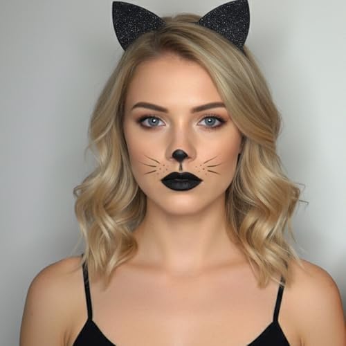Halloween Cat Costume Makeup Kit for Women,Black Cat Ears Headband with Eyeliner and Lipstick,Black Face Paint Stick,Halloween Headband Cosplay Accessories for Adults