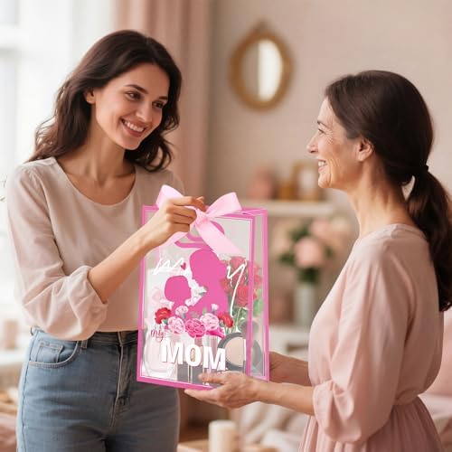 Capoda 24 Pack Mother's Day Bags with Handles, Large Floral Reusable PP Plastic Goodie Bags, Pink Rose Party Favor Bag for Mom Brunch, Classroom, Church, Candy Treats & Small Gifts