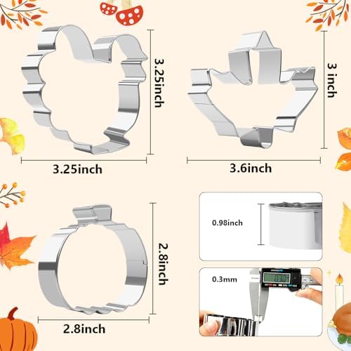 Fall Thanksgiving Cookie Cutters, 3PCS Large 3.2" to 3.6" Stainless Steel Autumn Cookie Cutters Fall Theme Holiday Shapes of Turkey, Maple Leaf, Pumpkin for Home Baking Kit Birthday Party Supplies