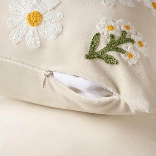 Softalker Spring Summer Outdoor Floral Throw Pillow Covers 18 x 18 Inch Set of 1, Farmhouse Embroidered Decorative Flowers Cushion Covers, Soft Velvet Pillow Cases for Couch Sofa Home Decor, Beige