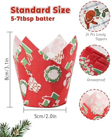 Bake Choice 200 Pcs Christmas Tulip Cupcake Liners with 24 Pcs Cupcake Toppers, Cupcake Liners, Tulip Cupcake Liners for Baking, Standard Tulip Muffin Liners for Christmas Holiday