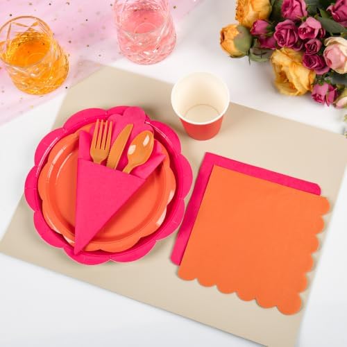 350 Pcs Pink and Orange Party Plates and Napkins - Hot Pink Orange Party Decoration Tableware set Include Sunset Tropical Scalloped Plate Napkin Cup & Cutlery for Baby Shower, Wedding, Birthday
