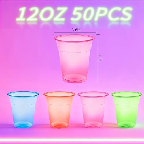 50 PCS 12oz Plastic Cups Neon Glowing Party Decorations Disposable Drinking Cups for Birthday Carnivals Glow Themed Party Supplies(Neon)