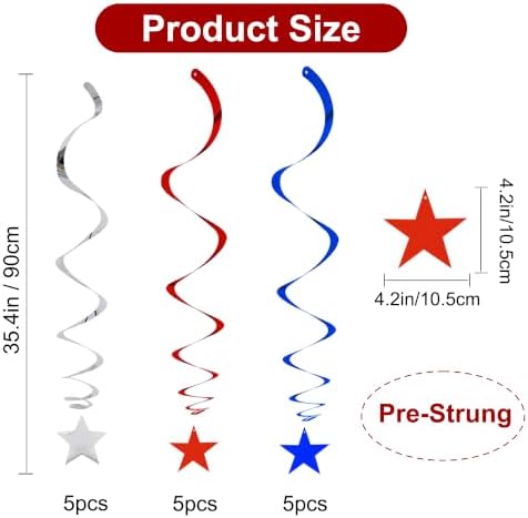 BEISHIDA Red Blue Silver Star Hanging Swirl Decorations,July 4th Hanging Party Supplies for 250th Anniversary Graduation Wedding Baby Shower Birthday Party Decorations,Pack of 15
