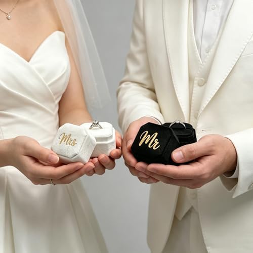 Mr & Mrs Wedding Ring Box - Engagement Ring Box Ring Display Holder Case with Lid for Proposal Engagement Wedding, 1.77x1.77x1.77 IN U2-PRB009-mr mrs Black White