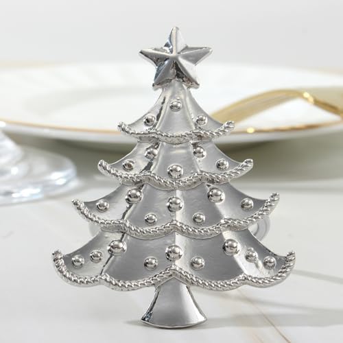 Silver Christmas Tree Napkin Rings Set of 6, Metal Xmas Napkin Holders, Wedding Dinner Table Decorations Winter Christmas Ornaments