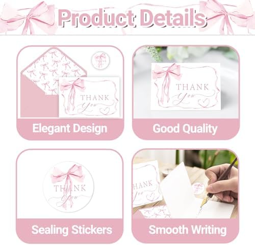 24 Pack Pink Bow Thank You Cards, Bowknot Bridal Shower Greeting Card with Envelopes and Stickers for Birthday Summer Wedding Baby Shower Party Supplies