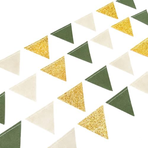 Sage Green Gold Party Decorations Oilve Green Beige Gold Glitter Felt Triangle Mini Banner Bunting Pennant Flag for Birthday Wedding Shower Jungle Woodland Safari Party Decor Supplies