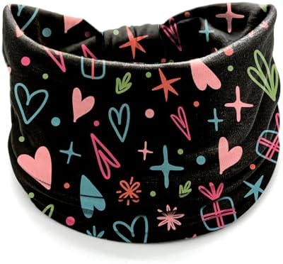 4 Pcs Valentine's Day Headbands for Women, Black White Wide Turban Dress Up Costume Breathable Stretchy Non Slip Head Wrap, Love Heart Pattern Holiday Fall Winter Hair Band for Yoga Running Party