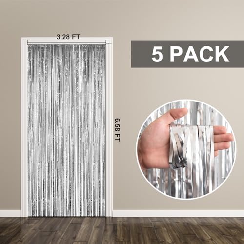 5 Pack Foil Curtain Backdrop Silver Metallic Tinsel Foil Fringe Curtains Photo Booth Props for Birthday Wedding Engagement Baby Shower Bachelorette Christmas Holiday Celebration Party Decorations