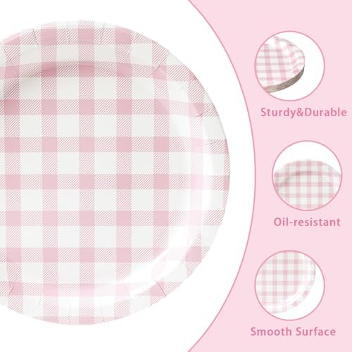 Vyntra 50 Pcs Pink Gingham 7 Inch Round Paper Dessert Plates