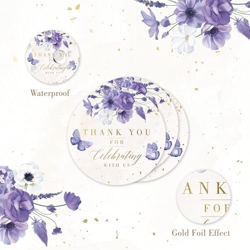 Mobiusea Creation Purple Floral Thank You for Celebrating with Us Stickers | Gold Foil Wedding Favor Stickers | 60pcs Waterproof 2" Thank You Labels for Baby Shower, Bridal Shower, Parties (Pack of 2)