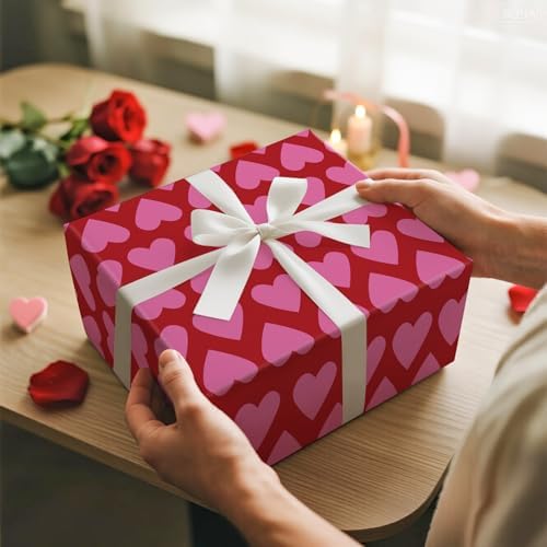 RUSPEPA Valentine's Day Wrapping Paper Roll, Mini Roll, Pink Heart Stripe Design, Red Gift Wrap for Girls, Wife, Wedding, Anniversary, Birthday, Valentine's Day, Bridal Shower, 17 Inches x 16.4 Feet