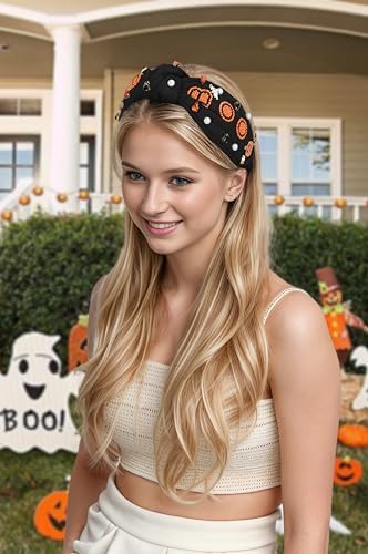 Halloween Boo Headband for Women Crystal Pearl Knotted Hairband Beaded Black Orange Wide Knot Headband for Girls Adult Halloween Pumpkin Ghost Accessories Outfits Gifts