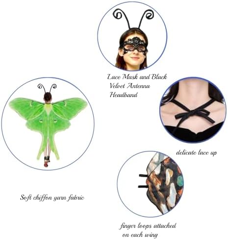 Halloween Butterfly Wings Costume for Womens, Moth Wings Butterfly Cape Adult Costume with Mask & Headband(3pcs)