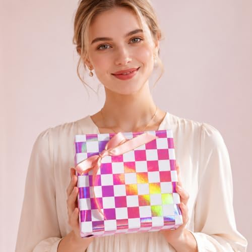 MAYPLUSS Pink Gift Wrapping Paper, 17in x 33ft Holographic Plaid Wrap