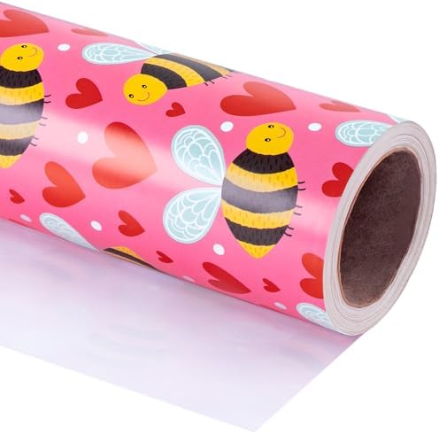 WRAPAHOLIC Valentines Day Wrapping Paper Roll - 17 Inch x 16.5 Feet - Sweet Hearts and Bee Wrapping Paper Perfect for Valentine's Day, Wedding, Anniversary, Birthday
