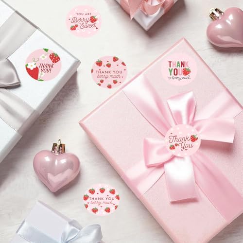 500PCS Thank You Stickers 1.5in Stickers Rolls 6 Designs Pink Sticker with Strawberry Patterns and Thank You Words Sticker for Bottle Scrapbook Journal Envelope Decorations