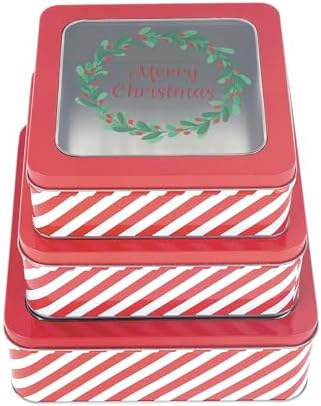 DAHO Christmas Holiday Cookie Tin Containers with Window, 3pc Nested Set, Holiday Cookie Tins with Lid for Gift Giving, Cookie, Treats, Cookies Party Favor and Gifts (Merry Christmas, Square Shape)