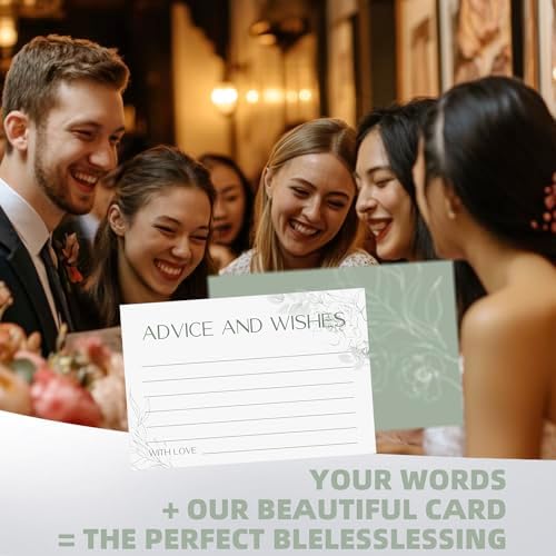 Advice and Wishes for Mr and Mrs - 60 Sage Green Floral Wedding Cards with Wooden Keepsake Box - Elegant Bridal Shower, Anniversary and Graduation Message Set