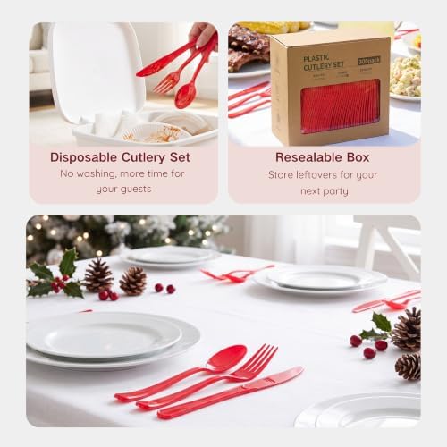 300Pcs Red Plastic Silverware Set, Full Size Disposable for Dinner