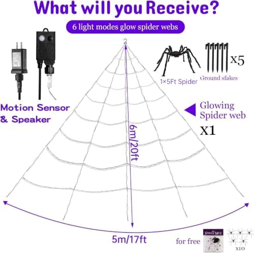 [Motion Activated Lighting&Speaking] 5Ft Giant Spider 20 * 17FT Halloween Spider Web 150 Led Purple&Orange Lights Light Up Lighted Waterproof with 200sqft Cobweb for Outdoor Decor Yard Decoration