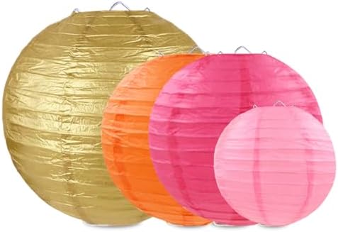 Pink Orange Gold Paper Lanterns Party Decorations, Round Hanging Paper Lanterns for Wedding Birthday Home Classroom Party Supplies (12 PCS)