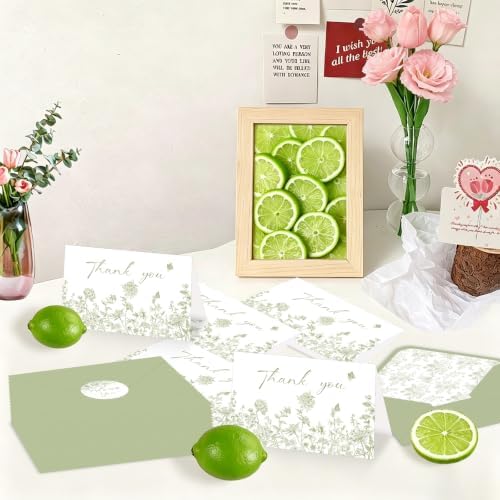100 Pack Green Floral Thank You Cards With Envelopes Stickers