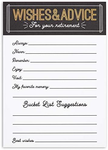 Sparkle and Bash Retirement Advice Cards & Wishes - 5 x 7-Inch, 36 Pack, Black Letter Print - Party Games, Well Wishes & Memory Advice for Retiree