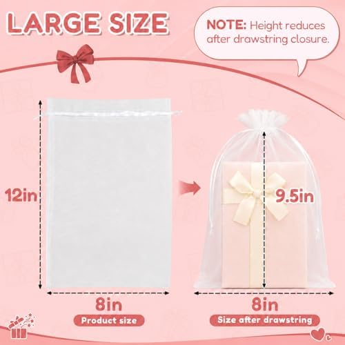 Crweety 50PCS Organza Bags 8x12 Large White Mesh Bags Drawstring Gift Bag Pouches for Wedding Favors Goodie Sachet Jewelry, Sheer Treat Bag Bulk for Birthday Baby Bridal Shower Graduation Party