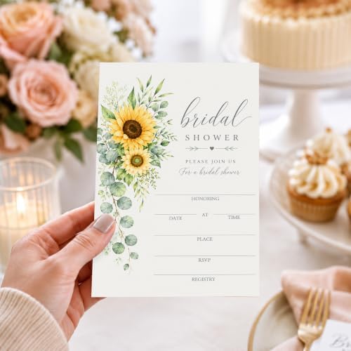 Sunflower Bridal Shower Invitations, Fill In Style Invites With Envelopes for Fall Wedding Reception, Fall Floral Bridal Shower Invitations, Bride To Be Double-Sided Invite Cards, 4 x 6 Inch Set of 25