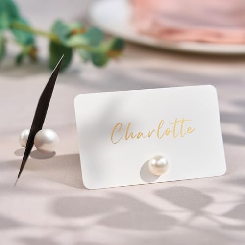 UNIQOOO 24Pcs Decorative Pearl Place Card Holders w/Black White Cards, Elegant Men&Women Name Card Stands Set, for Wedding Event Table place Cards, Retail Shop, Business Card, Party Food Signs