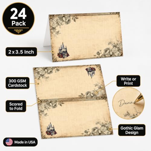 Andaz Press Halloween Name Place Cards for Table Setting, Gothic Glam Blank Food Labels for Party Buffet Cards, Dessert Table Display, Scored Mini Signs Food Display, 24 Pack 2 x 3.5