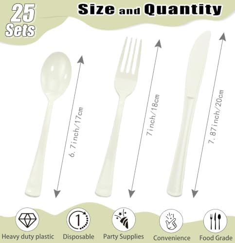 HEIPINIUYE 75 Pack Cream Plastic Cutlery Heavy Duty Cream Plastic Knives Forks and Spoons Disposable Silverware Set for 25 Guest Camping Birthday Baby Shower Wedding Party Utensils Set