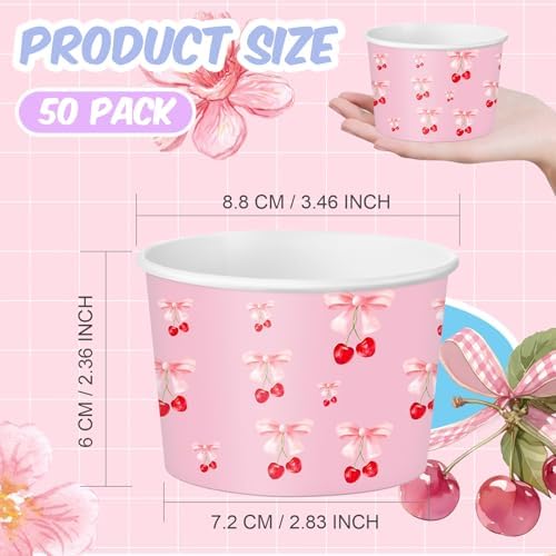Maxdot Cherry Snack Cups 9oz Disposable Ice Cream Cups Decorative Pink Paper Dessert Bowls Party Supplies for Yogurt, Cupcakes, Soup Hot or Cold Food
