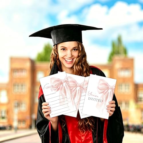 Pink Bow Graduation Invitations 2026 with Envelopes - 20 Pack Class of 2026 Graduation Party Invitations, 4x6 Inch Fill-in Graduation Announcements for High School or College - A08