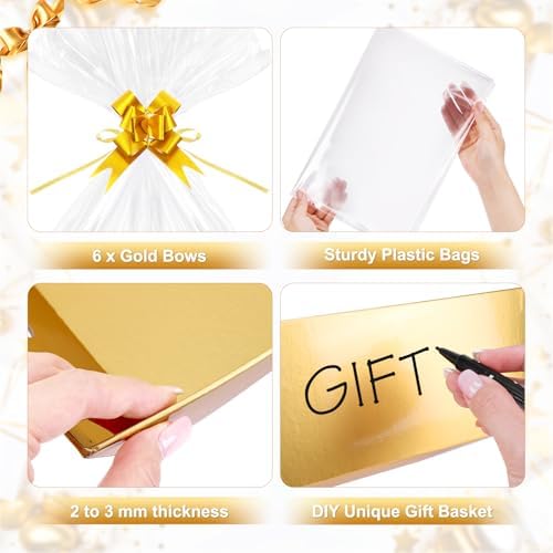 AFOROEOA 6 Pack Gold Baskets For Gifts Empty, 10x8" Thick Paper Basket with 6 Clear Bags and 6 Gold Bows, Empty Gift Baskets for Christmas Valentine Easter Birthday Anniversary Luxury Wrapping