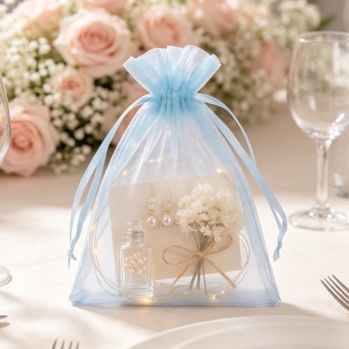 Wudygirl 50 Pcs Organza Bags, 5x7 IN Drawstring Gift Bags-Sky Blue