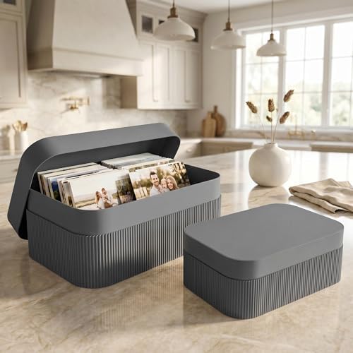 Decorative Storage Boxes with Lids - Set of 2 Fluted Photo Organizer Bins
