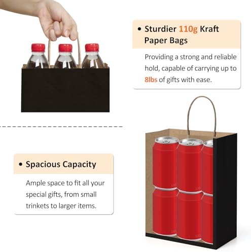 BagDream Recyclable Kraft Paper Gift Bag, 8x4.25x10.5 Inches, 100Pcs, Black, with Handles, Bulk, FSC Compliant, Multipurpose