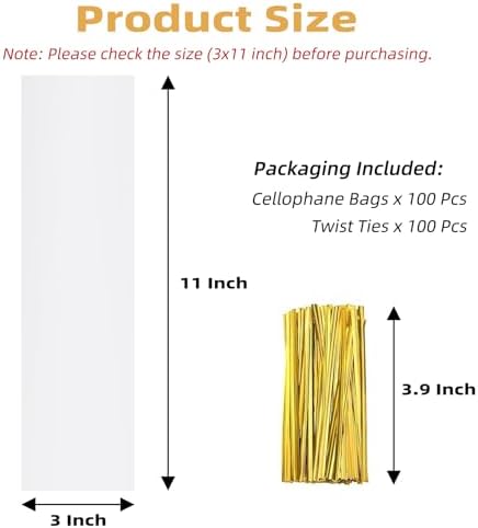 Yotelab Pretzel Rod Bags, 3x11 In Cellophane Treat Bags With Ties, 100Pcs