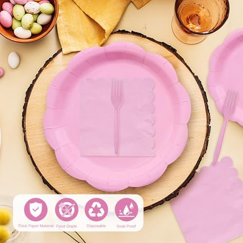 96 Pieces Pink Party Tableware Set – Scalloped Disposable Plates, Napkins and Forks, Solid Pink Party Supplies for Birthday, Baby Shower, Princess Party and Tea Party Decorations
