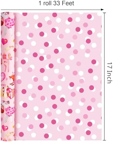 MAYPLUSS Valentines Day Wrapping Paper, Pink Heart Wrap Paper Cute Dog Gift Wrapping Roll for Girl Anniversaries Romantic Celebration, 17IN X 33FT