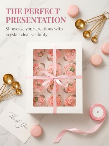 qiqee Auto-pop Up Cupcake Boxes with Window White 40PCS 12 Count Cupcake Box 13"x10"x3.5" Cupcakes Carrier, 12 Cupcake Containers with 2 rolls of pink ribbons