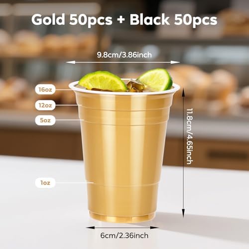 100 Pack Halloween Black and Gold Cups 16 oz, Disposable Plastic Party Cups